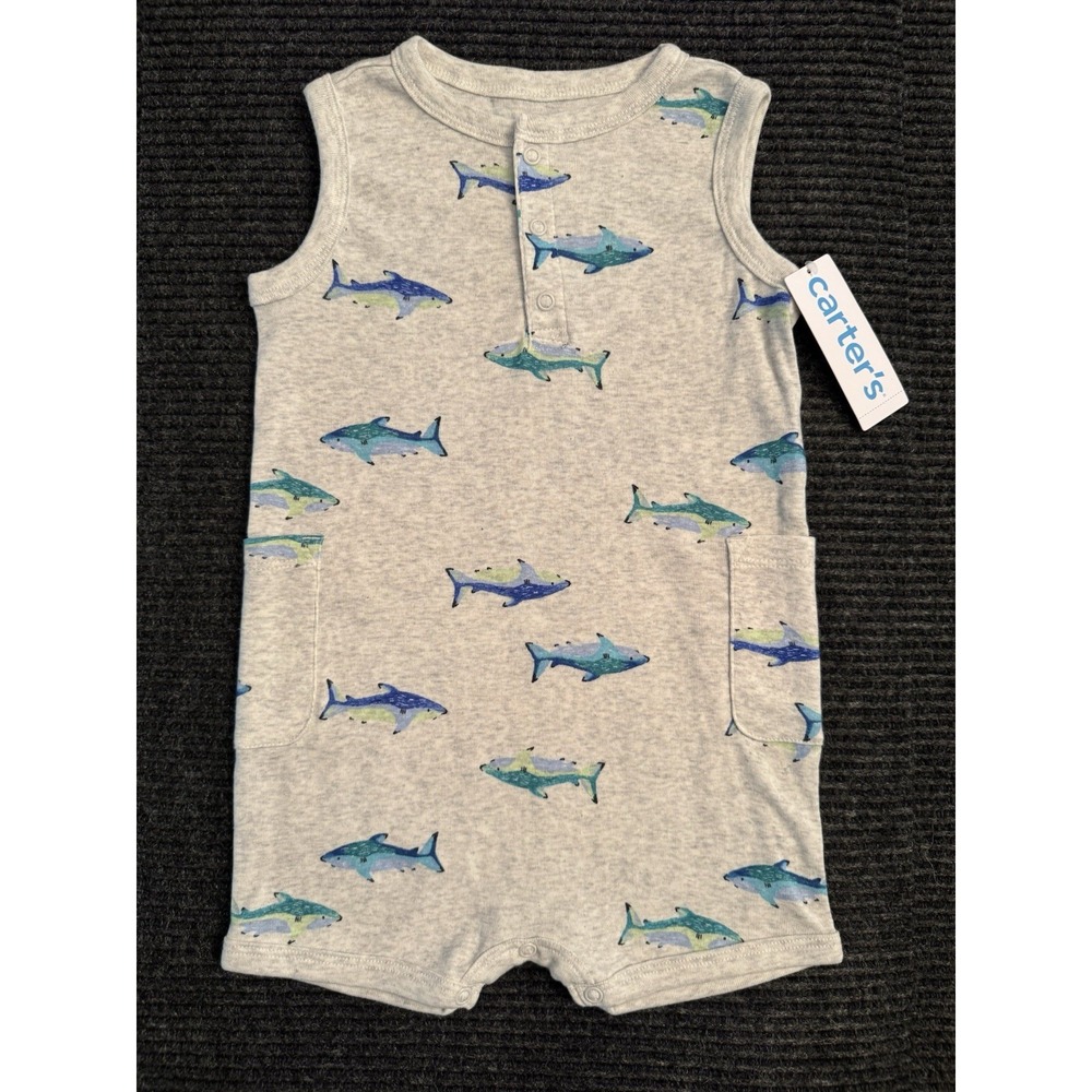Carter's Baby Boy 18M Romper NWT Grey Shark Fish Sleeveless One Piece